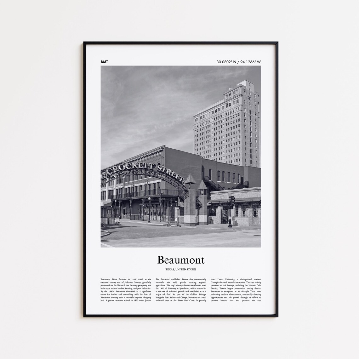 Beaumont Texas Black and White Crockett Street City Photo Poster