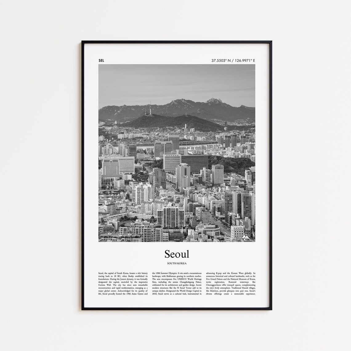 Seoul South Korea Namsan Tower Skyline Black And White Travel Poster