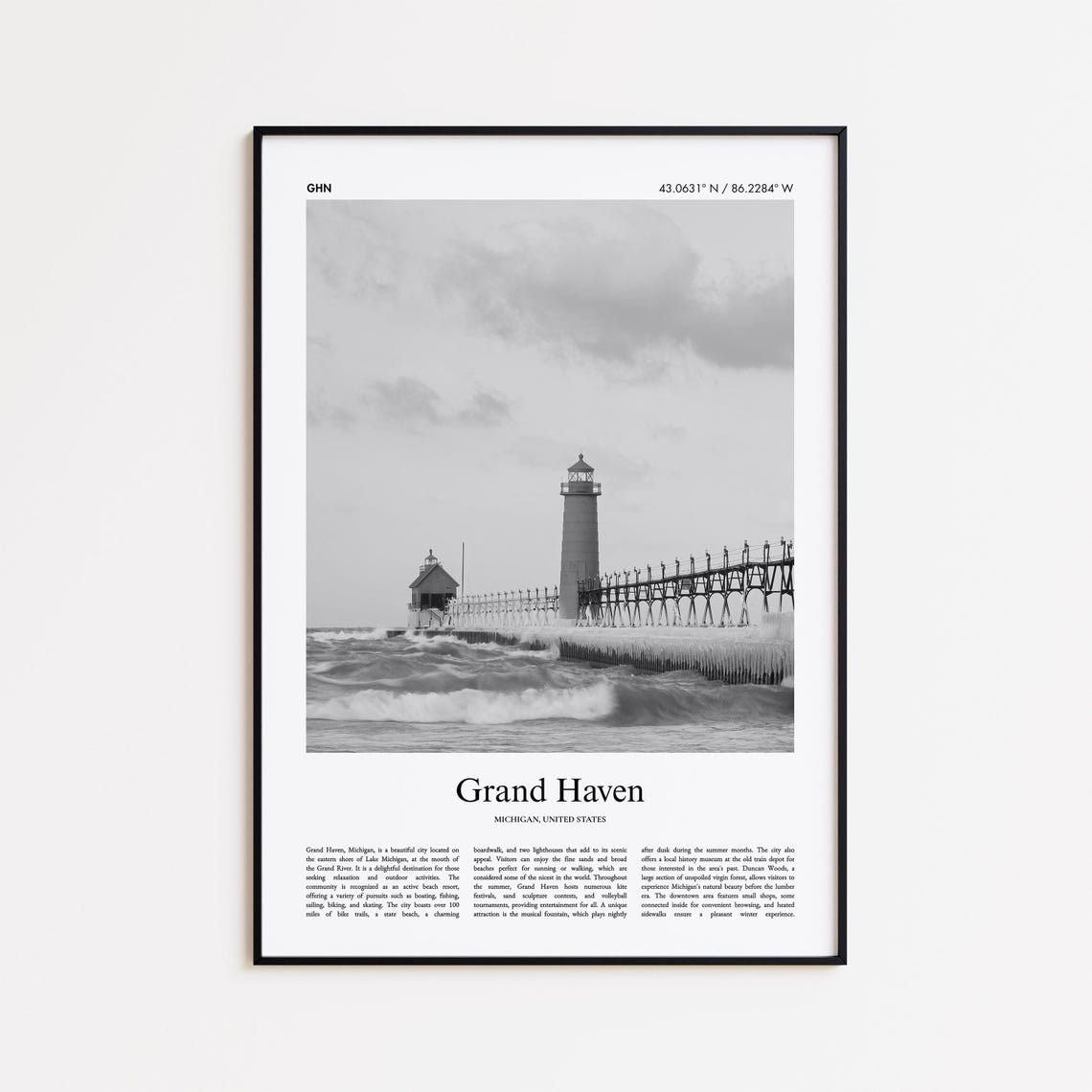 Grand Haven Michigan Black and White Lighthouse and Pier Photo Print
