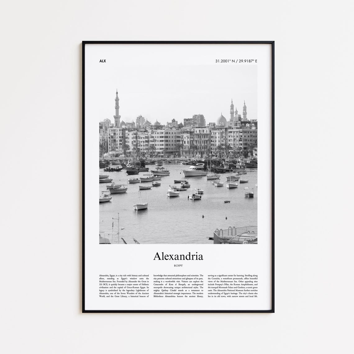 Alexandria Egypt Black And White Harbor Boats Minimal Travel Poster