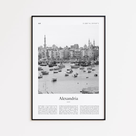 Alexandria Egypt Black And White Harbor Boats Minimal Travel Poster