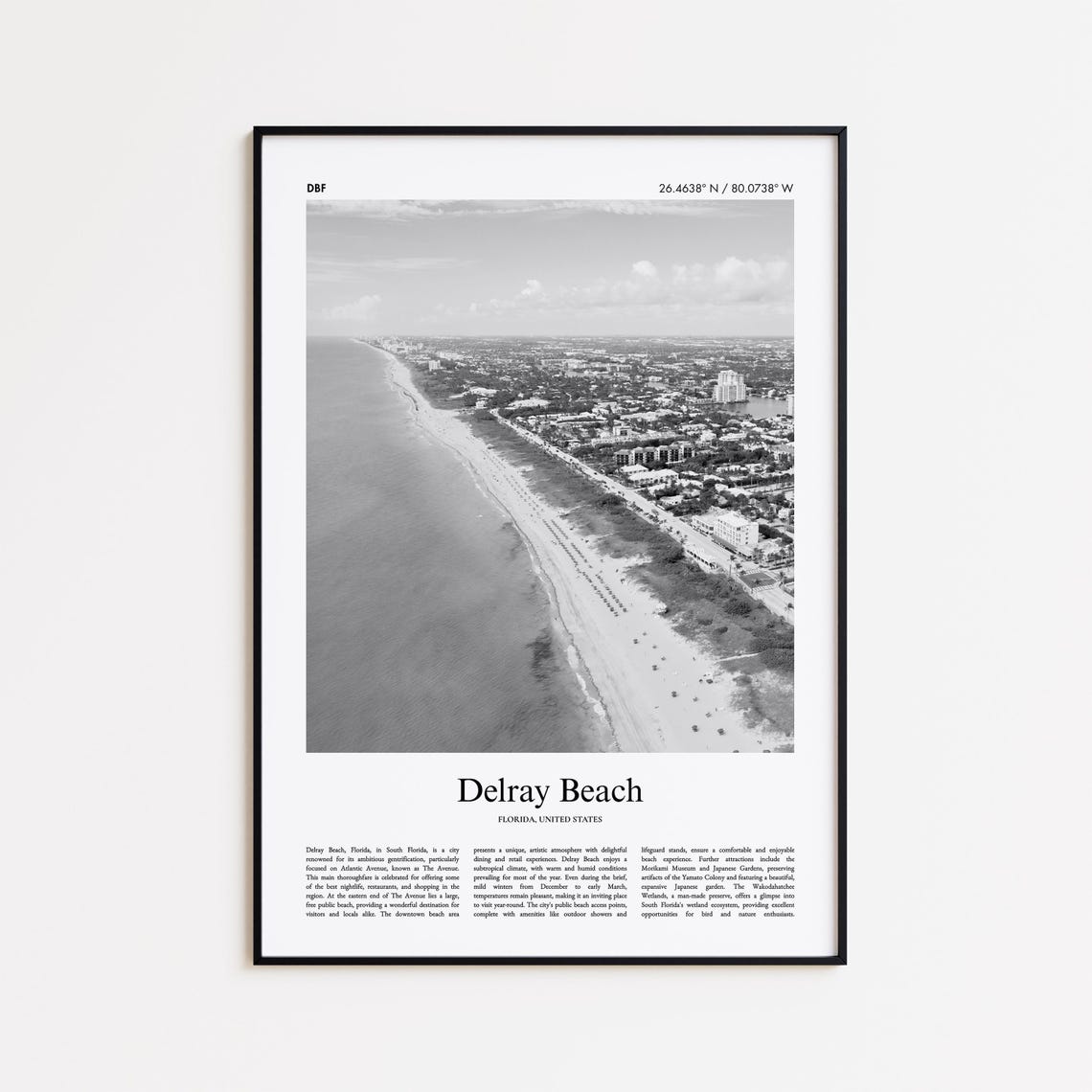 Delray Beach Florida Black and White Aerial Beach Photo Poster