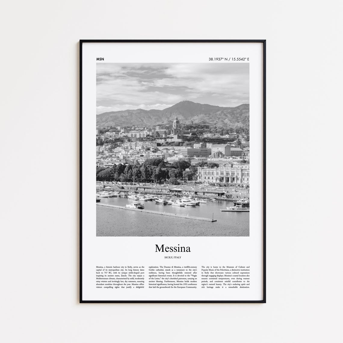 Messina Harbor Black And White Sicily Italy Waterfront Travel Poster
