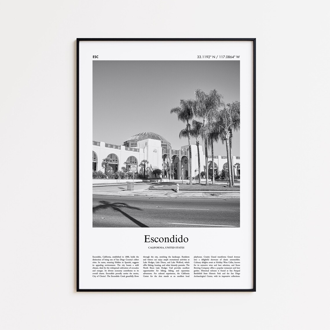Escondido California Black and White Historic Building Travel Poster