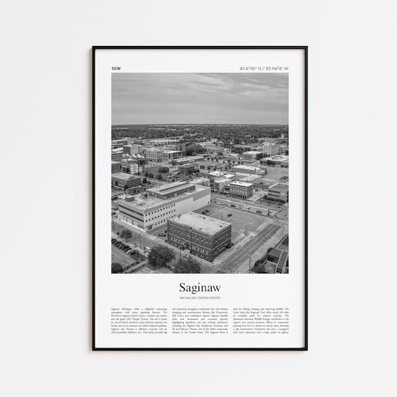 Saginaw Michigan Black And White Aerial Downtown Photo Travel Poster