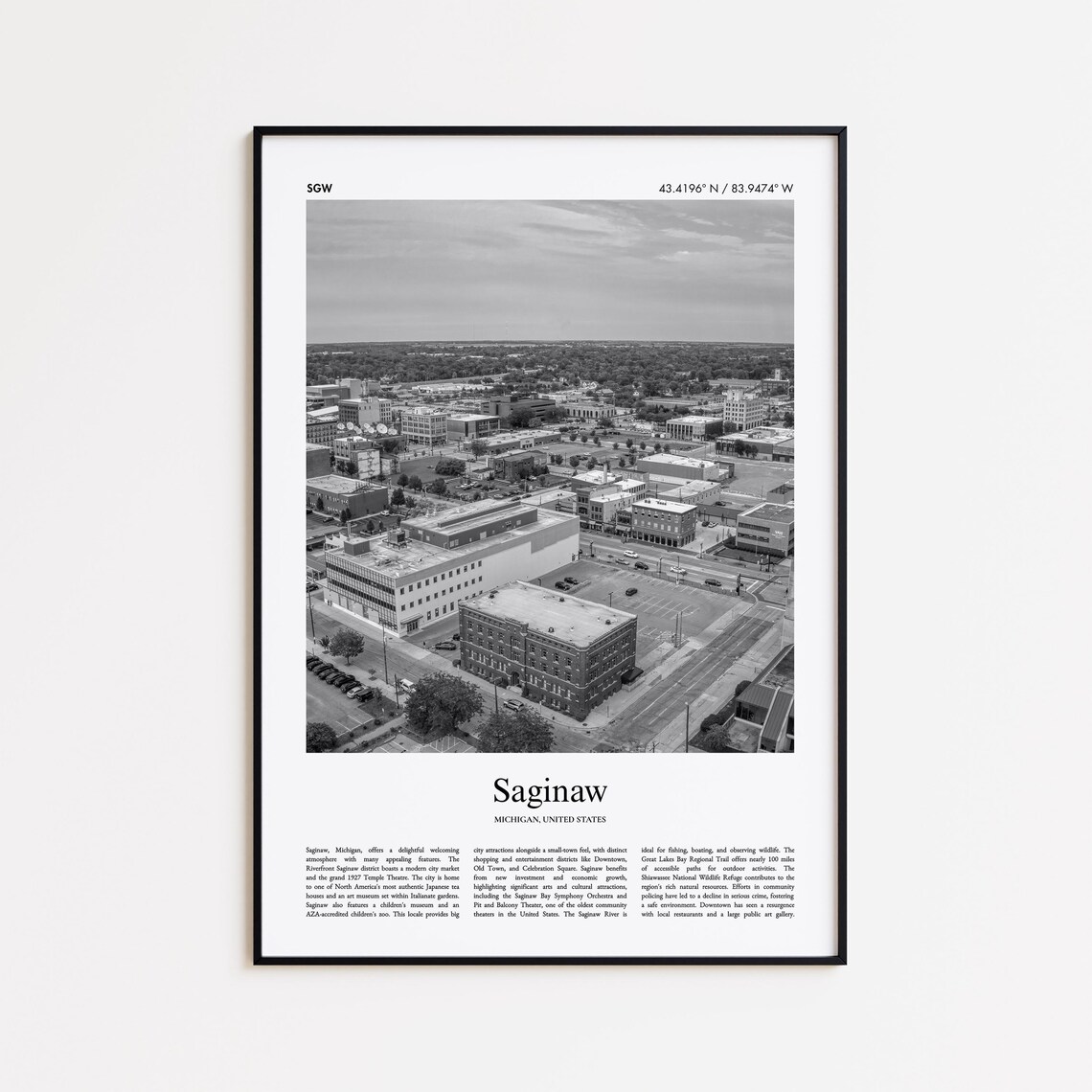 Saginaw Michigan Black And White Aerial Downtown Photo Travel Poster