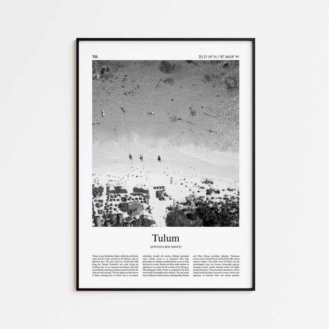 Tulum Mexico Black And White Aerial Beach Photo Travel Wall Art