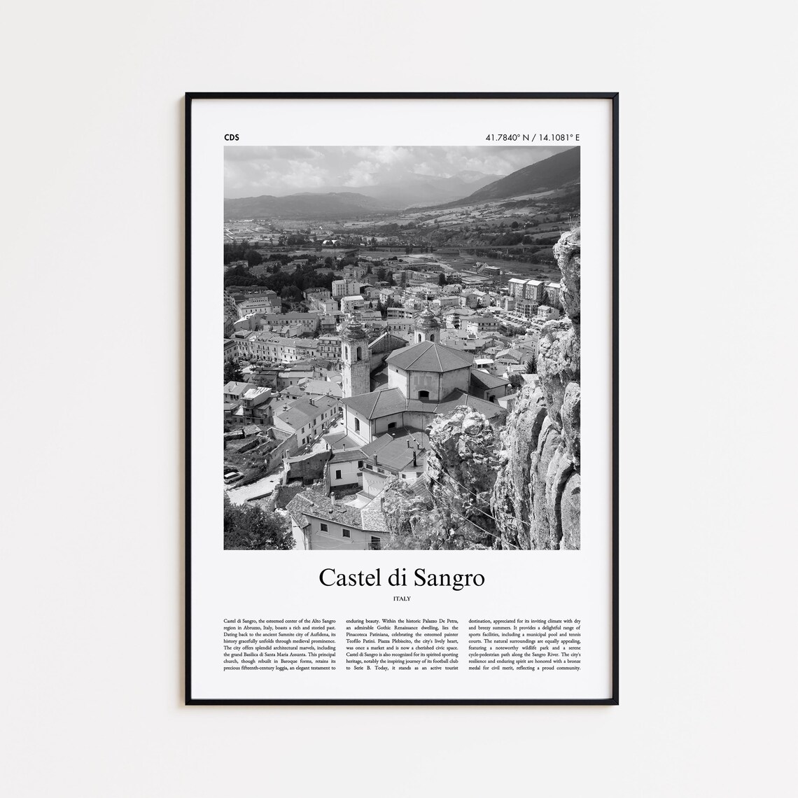 Castel di Sangro Italy Black and White Village Photo Travel Poster