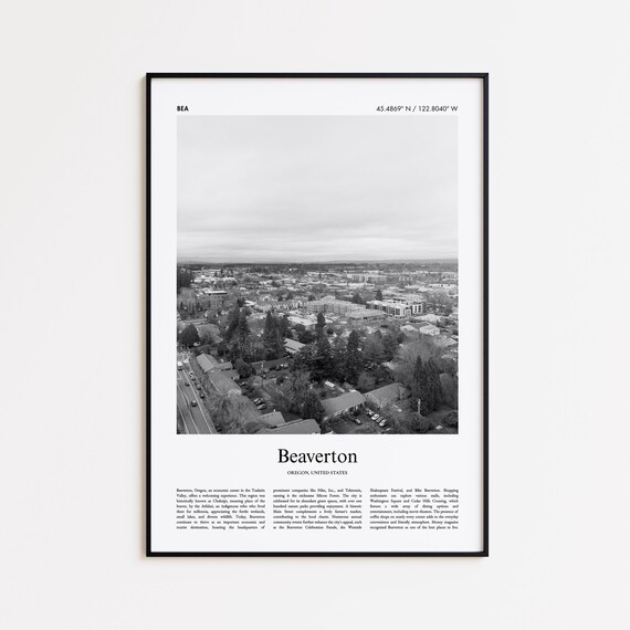 Beaverton Oregon Black and White Aerial Cityscape Travel Poster