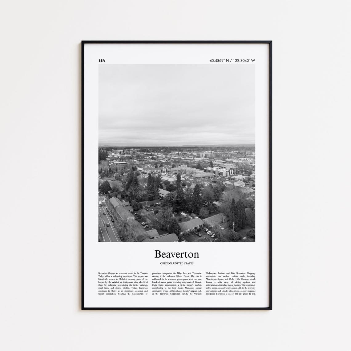 Beaverton Oregon Black and White Aerial Cityscape Travel Poster