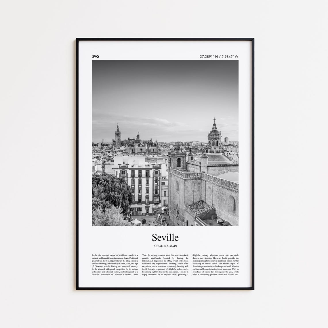 Seville Spain Rooftops Skyline Black and White Photography Poster
