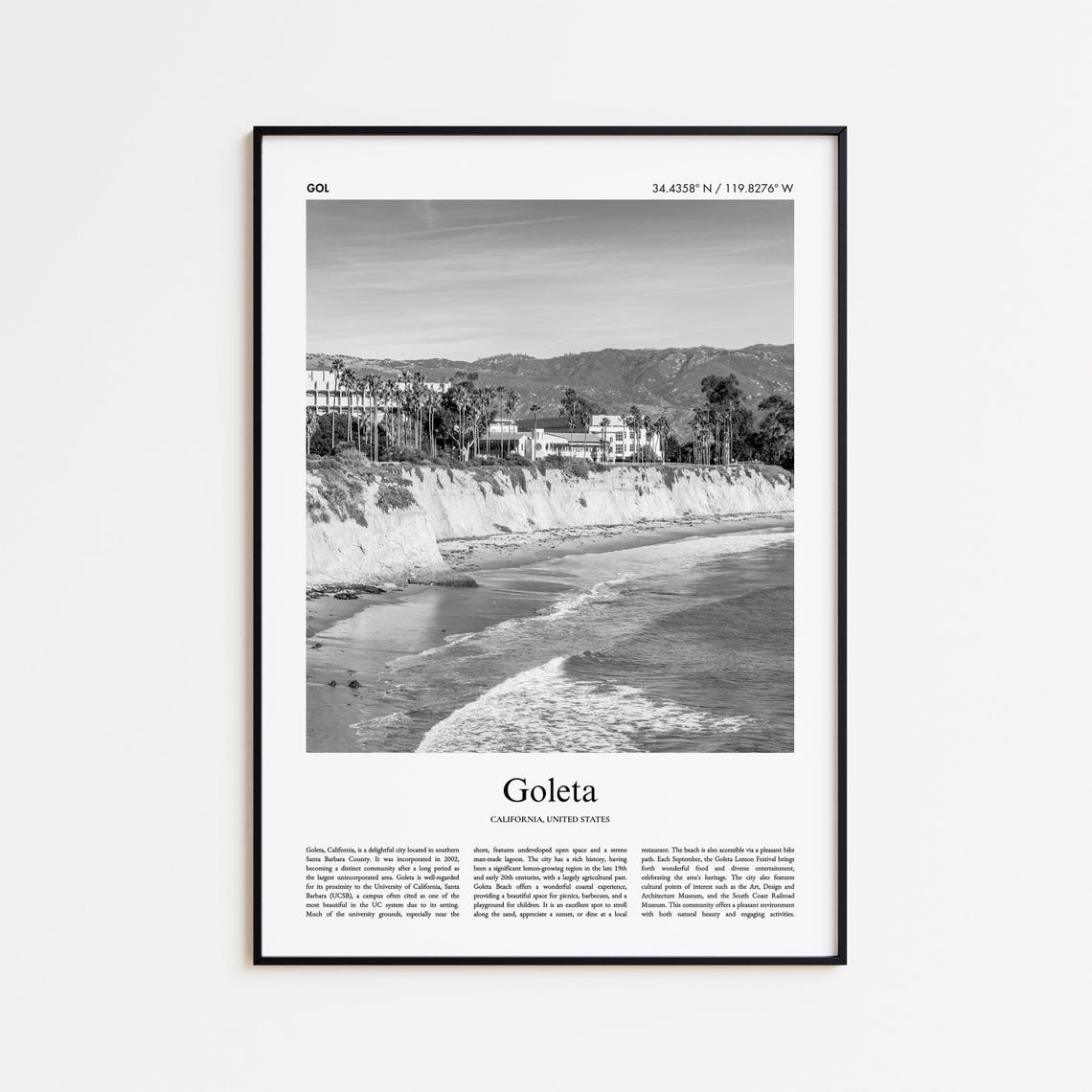 Goleta California Black White Beach Cliffs Coastal Photo Poster