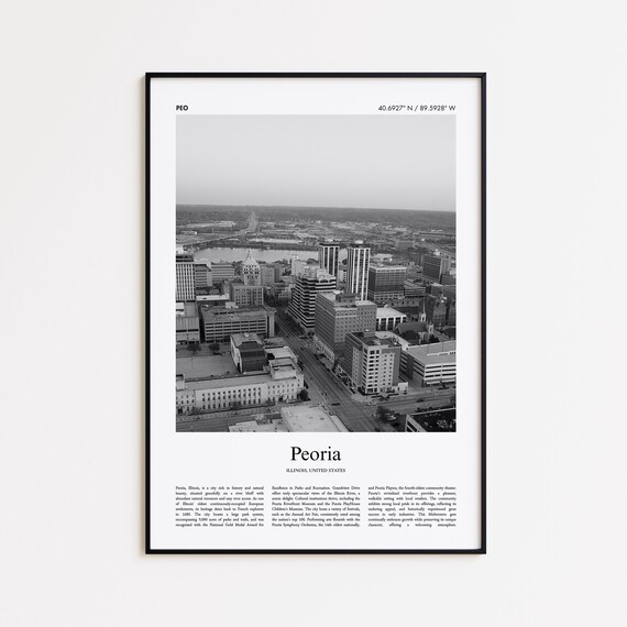Peoria Illinois Downtown Aerial Black and White Travel Poster