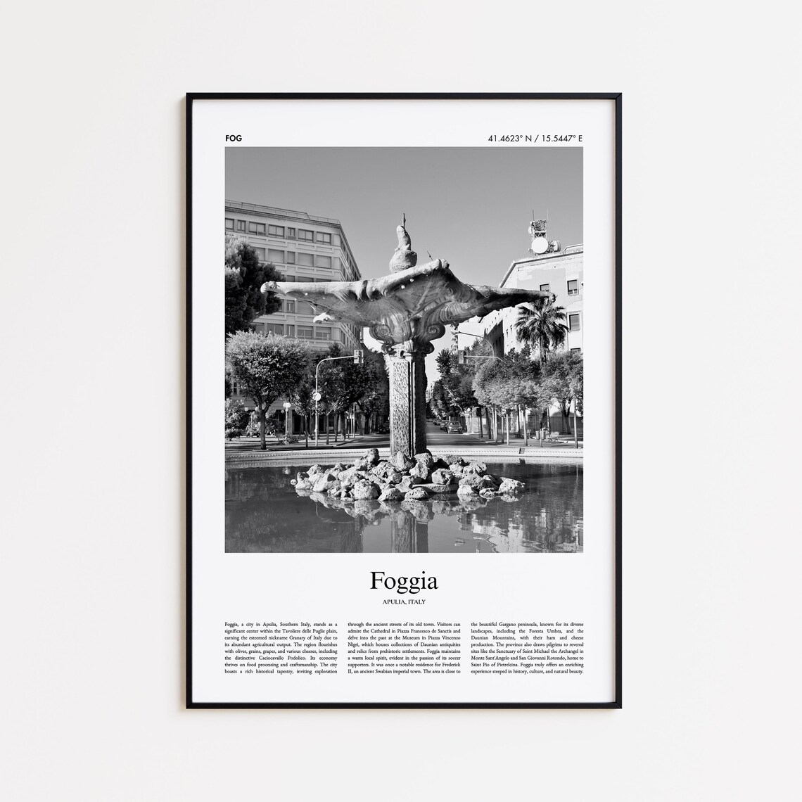 Foggia Italy Piazza Fountain Sculpture Black and White Photo Poster