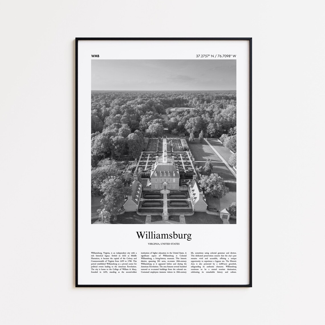 Williamsburg Virginia Black and White Aerial Estate Photo Poster