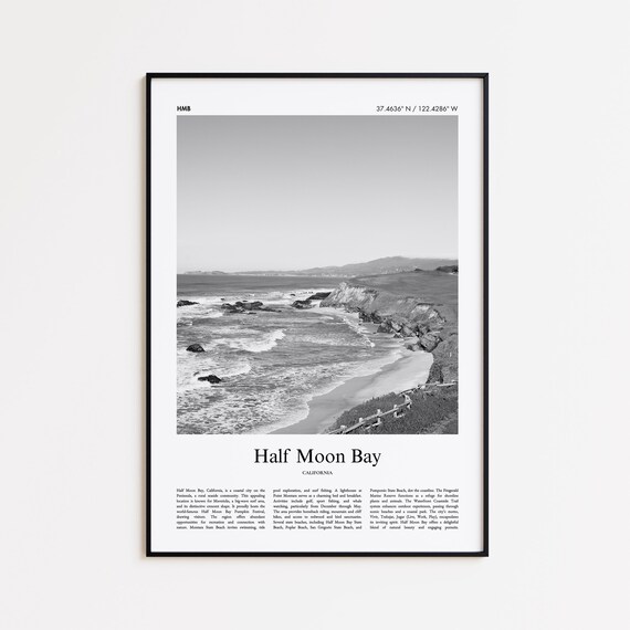 Half Moon Bay California Black White Crescent Coast Photo Poster