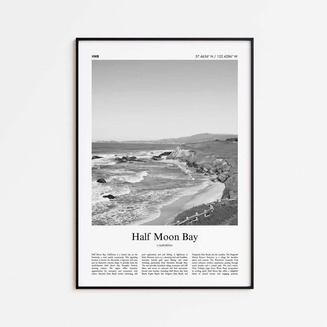 Half Moon Bay California Black White Crescent Coast Photo Poster