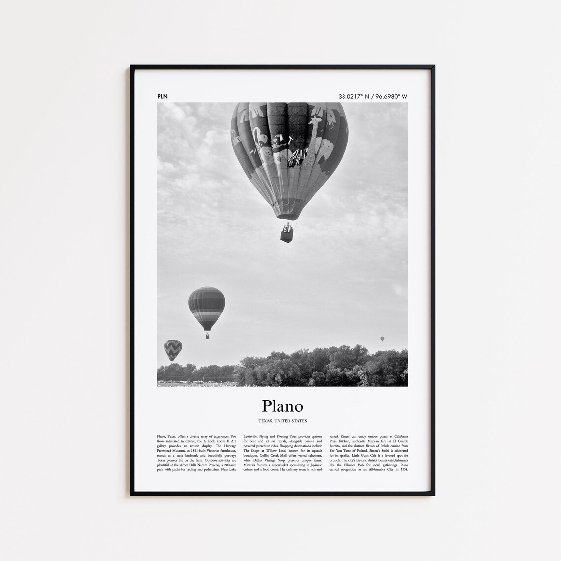 Plano Texas Hot Air Balloon Black And White Photo City Poster