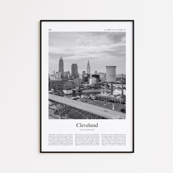 Cleveland Ohio Black and White Photo Travel Poster City Skyline Art