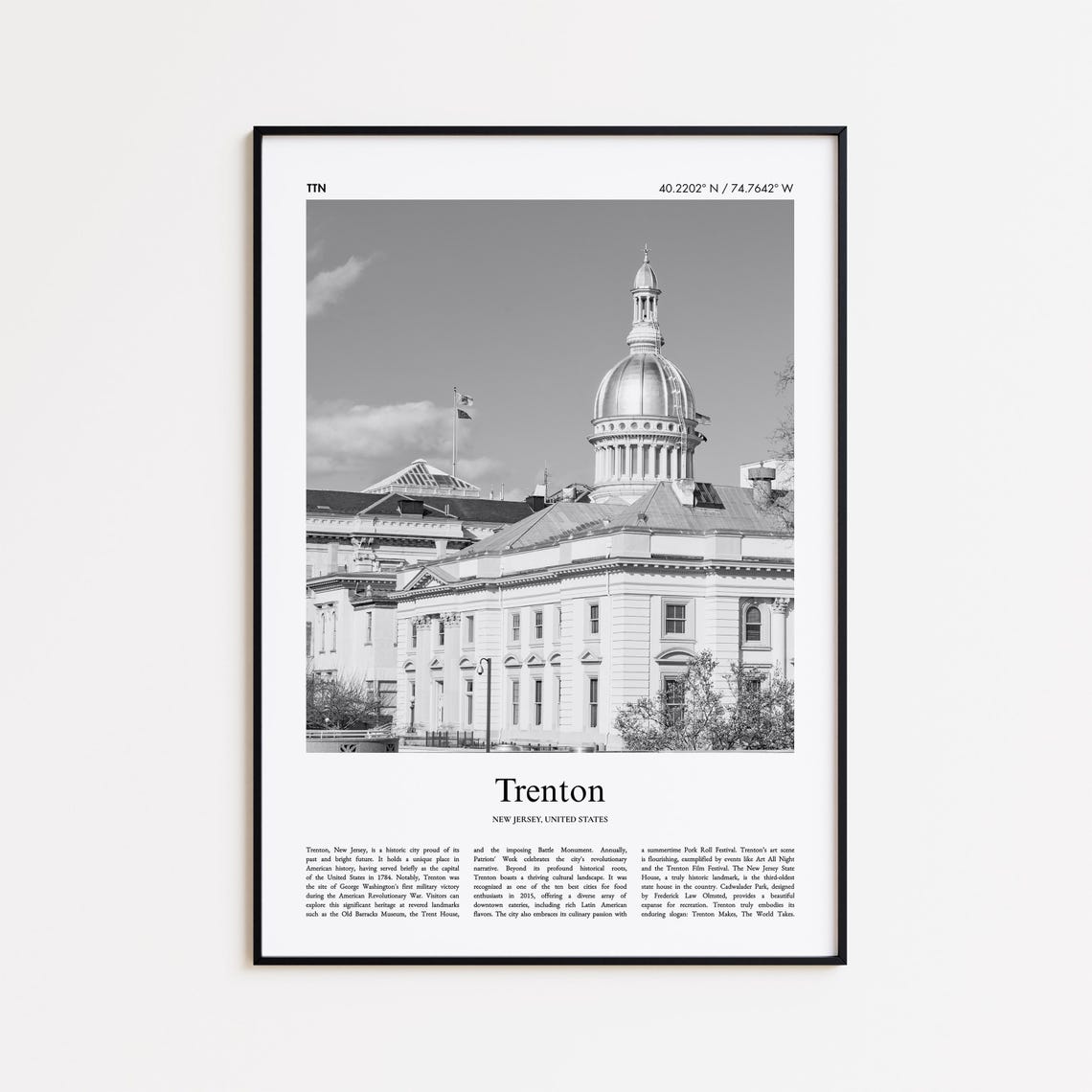 Trenton New Jersey Black and White Coordinates City Travel Poster