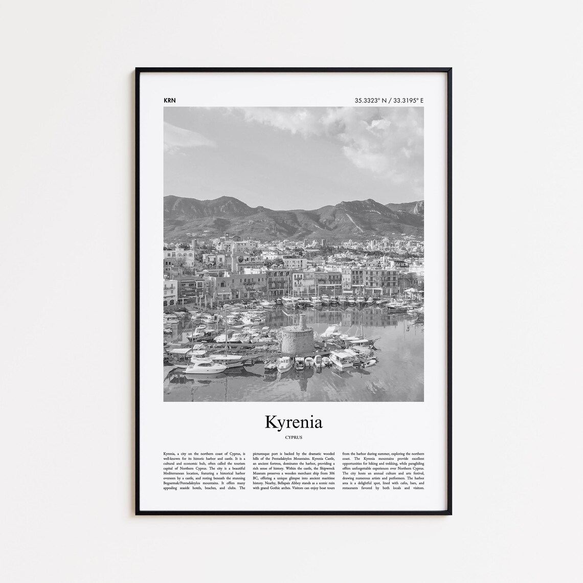 Kyrenia Cyprus Black and White Harbor Castle Photo Travel Poster