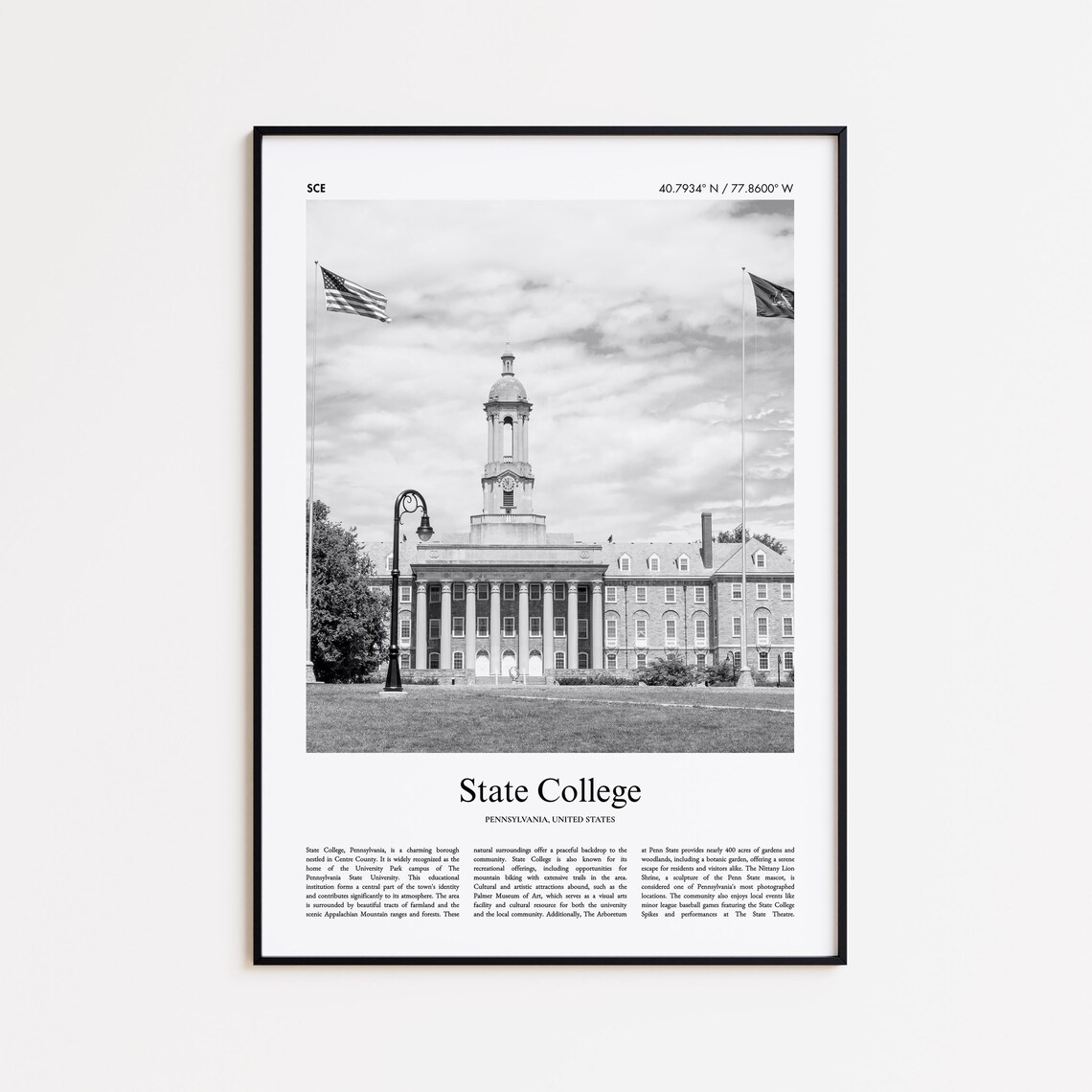 State College Pennsylvania Old Main Black White Photo Poster