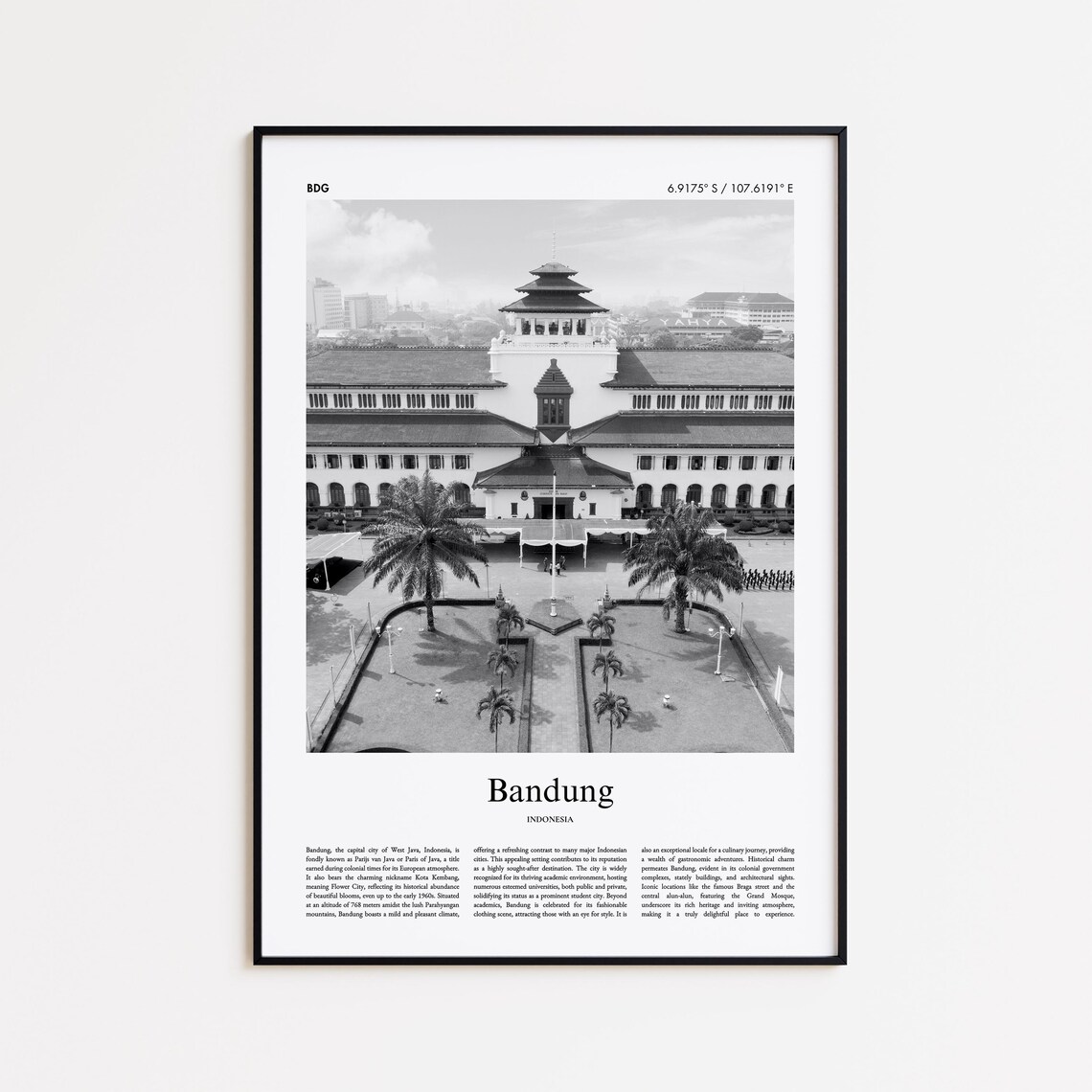 Bandung Gedung Sate Landmark Black And White Indonesia Travel Poster
