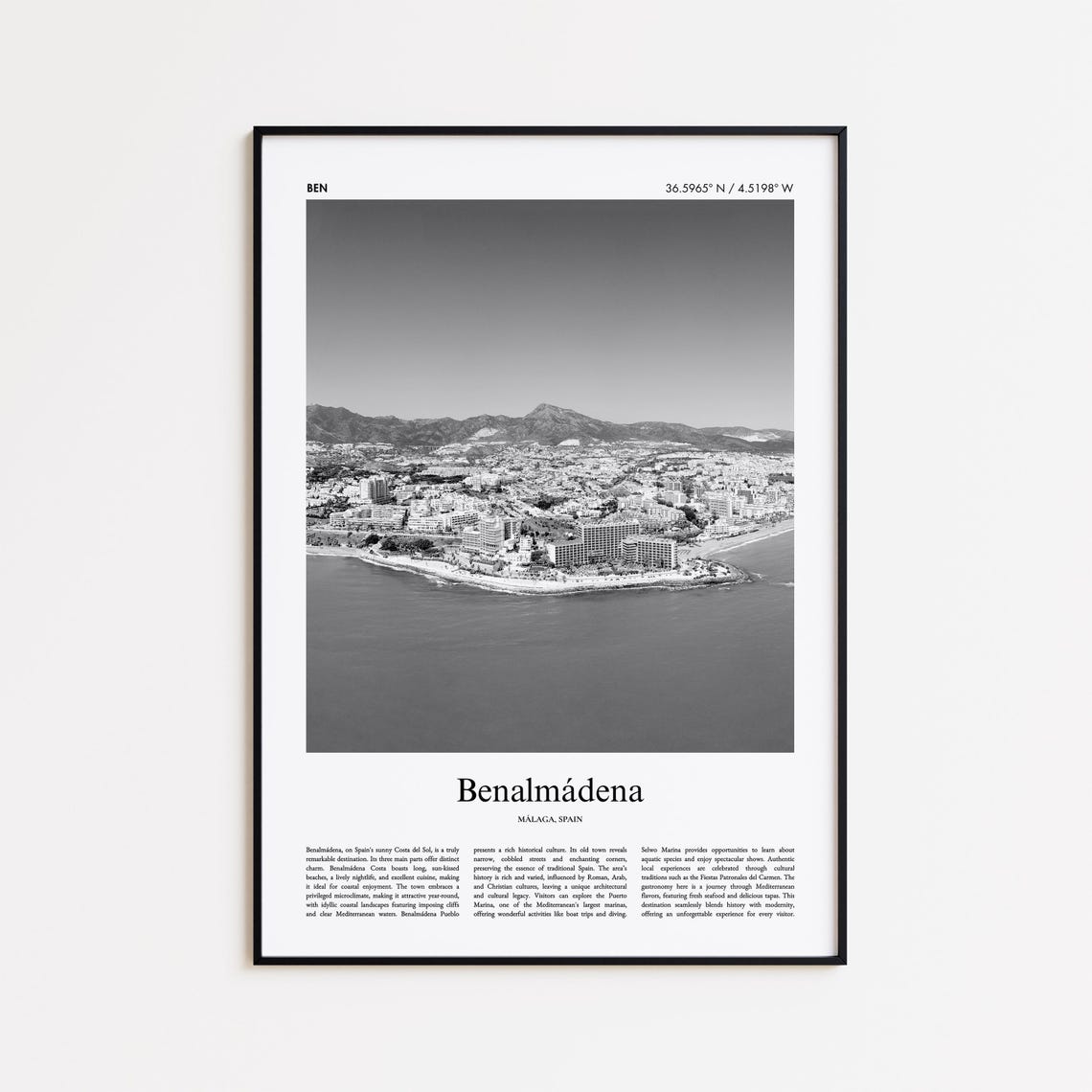 Benalmadena Spain Black And White Coastal Cityscape Photo Poster