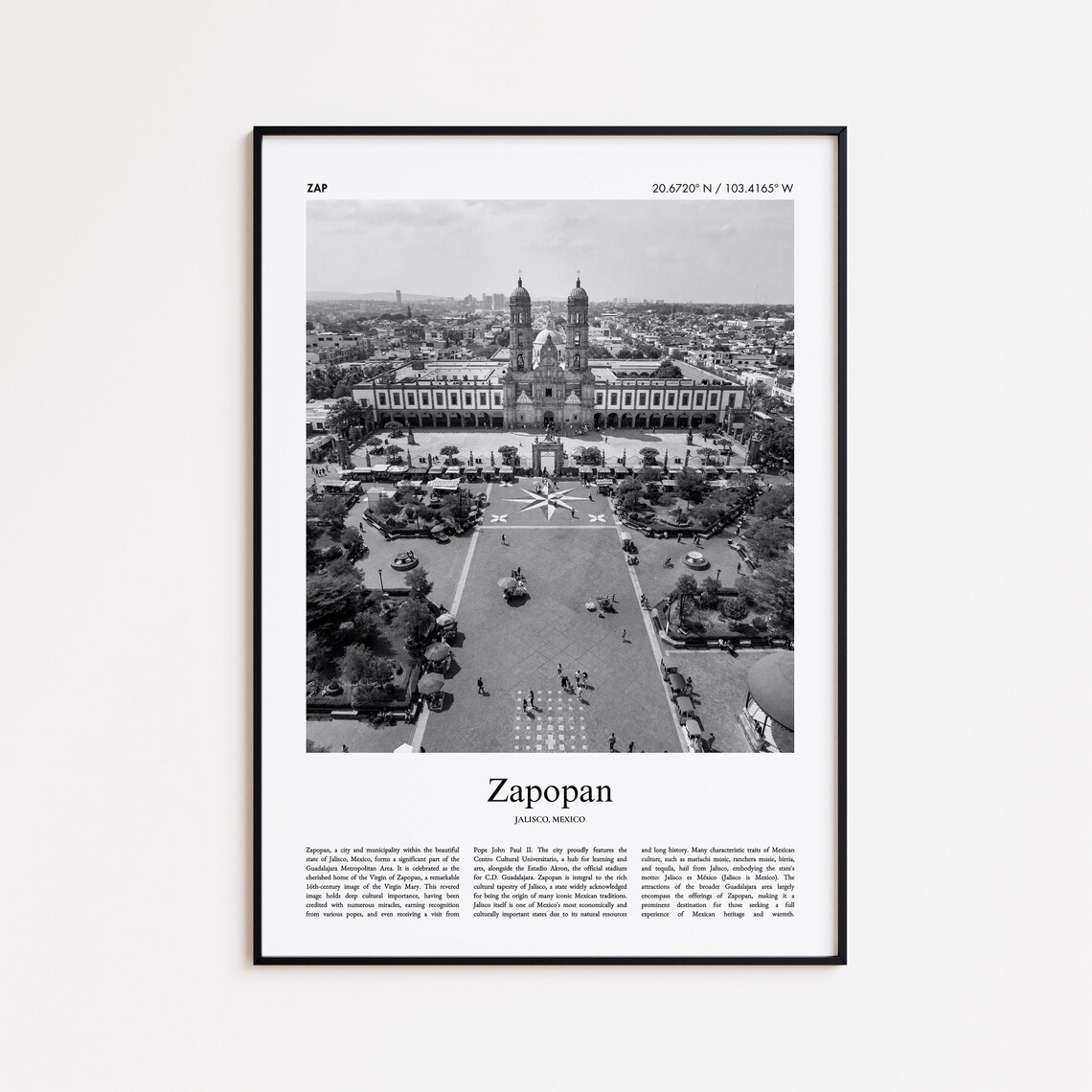 Zapopan Basilica Aerial Black and White Plaza Photo Travel Poster