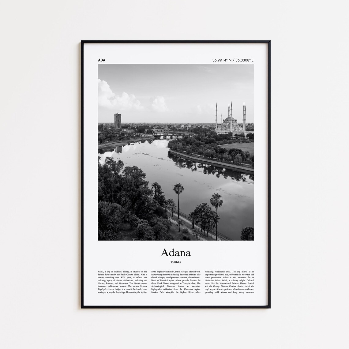 Adana Turkey Black And White Sabanci Mosque River Photo Poster