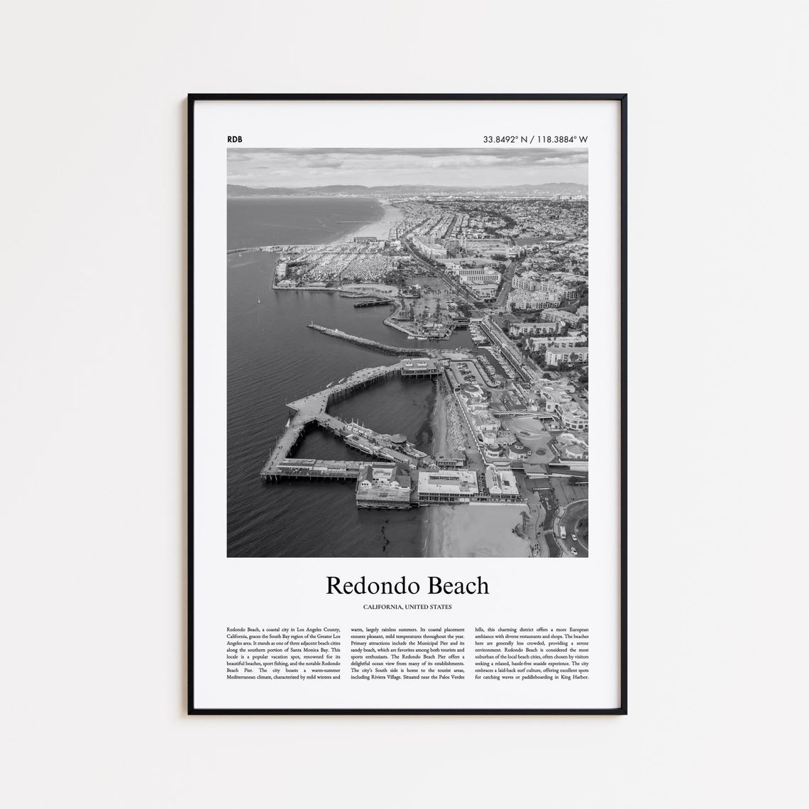 Redondo Beach California Pier Aerial Black And White Travel Poster