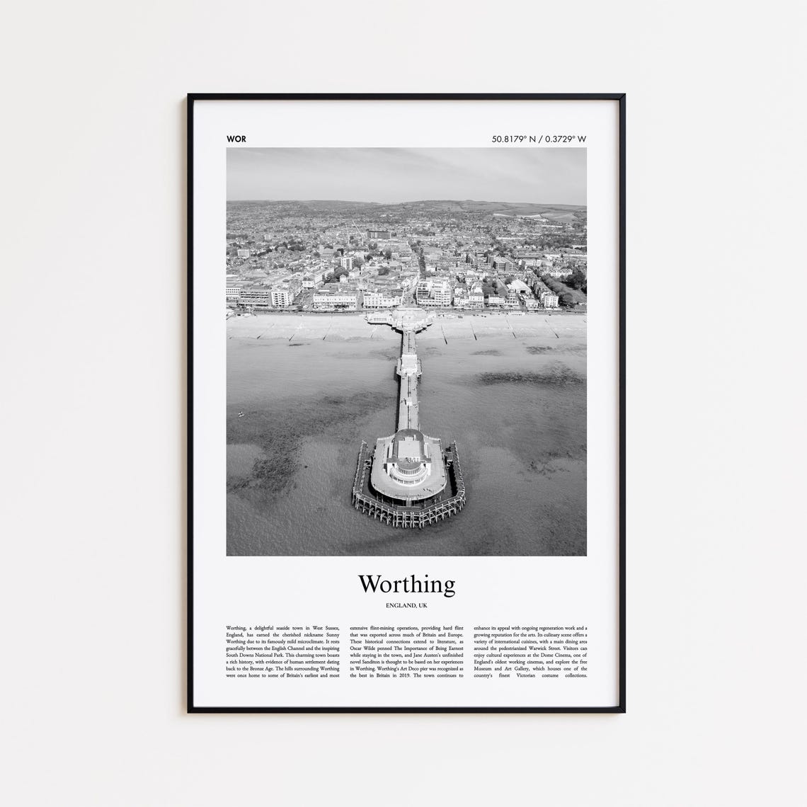 Worthing England Pier Beach Black And White Aerial Travel Poster