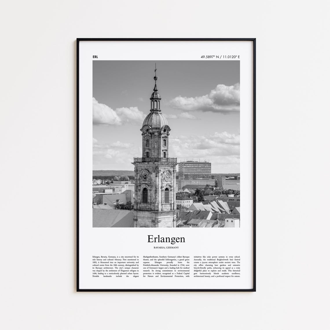 Erlangen Germany Baroque Church Tower Black White Photo Poster