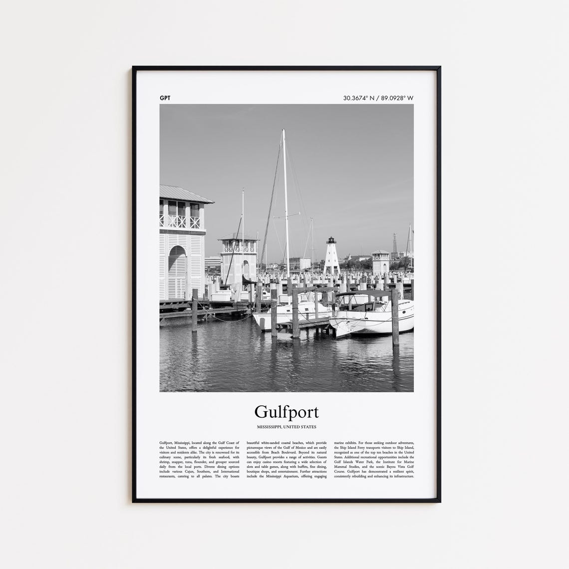 Gulfport Black And White Print Photo Poster Travel Gift Mississippi United States Usa Wall Art