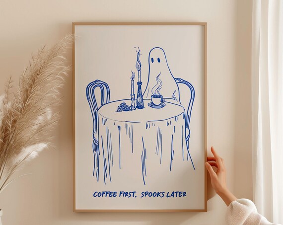 Coffee First Spooks Later Ghost Poster Halloween Blue Line Art Kitchen Decor