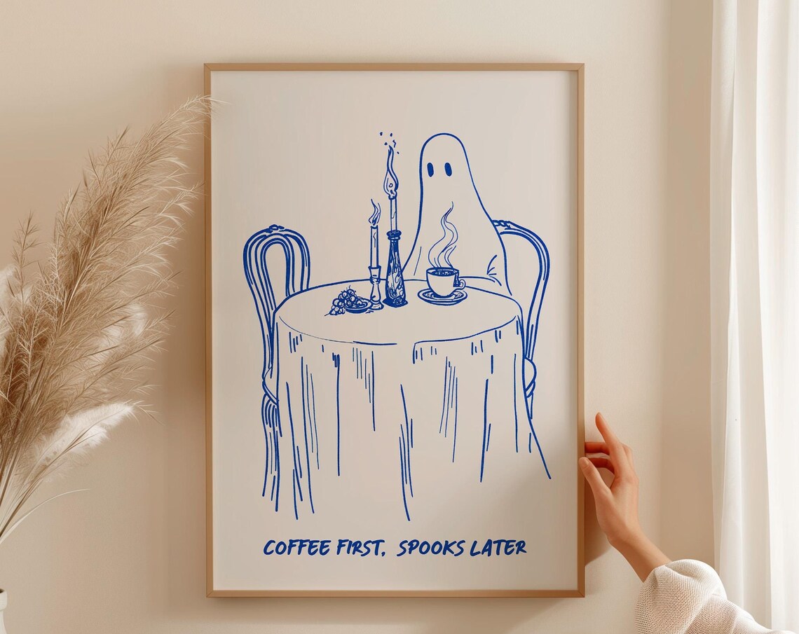 Coffee First Spooks Later Ghost Poster Halloween Blue Line Art Kitchen Decor