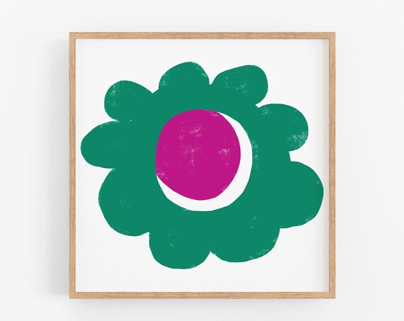 Bold Flower Wall Art Cute Green And Pink Poster Botanical Maximalist Apartment Decor Room For Teens