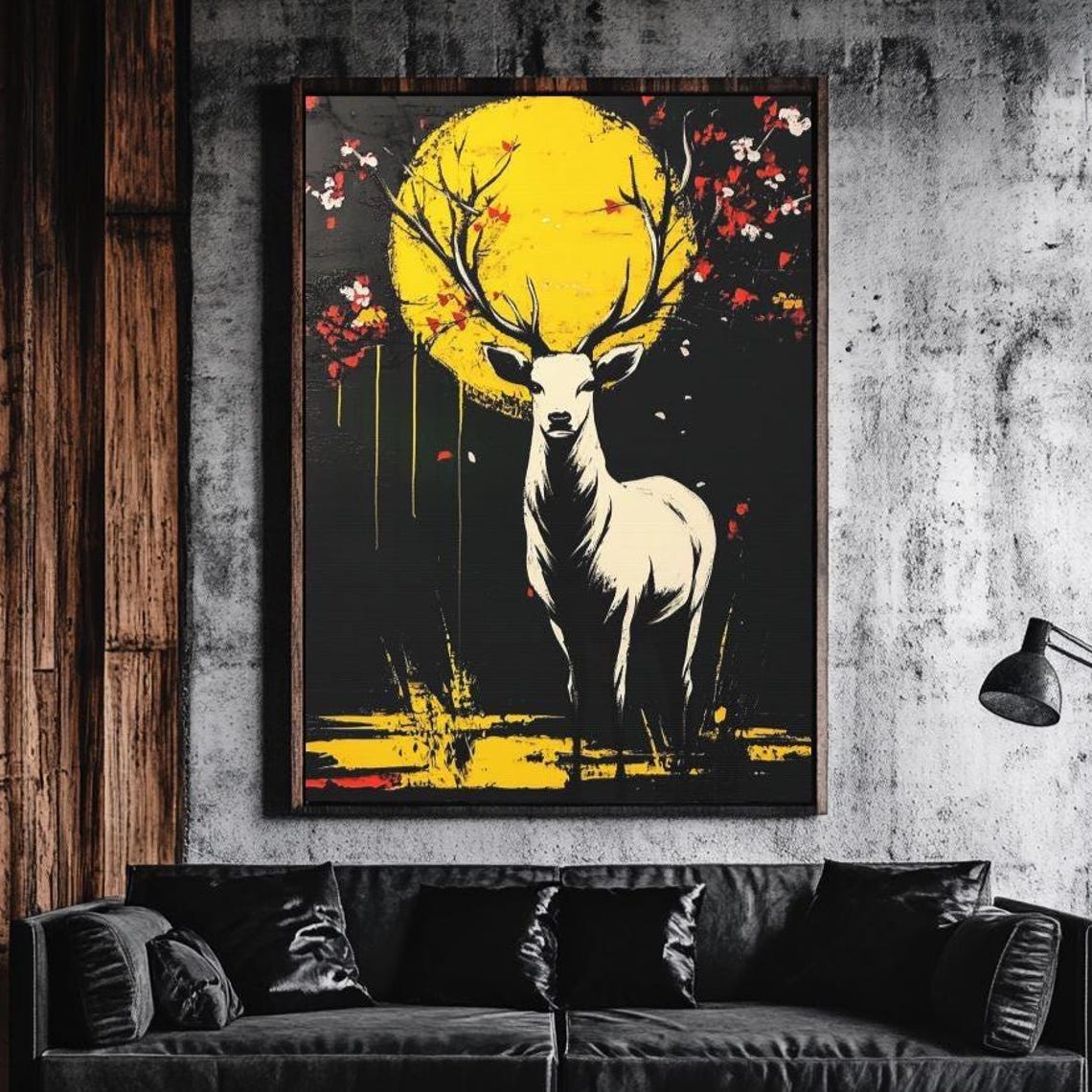 White Stag Before Golden Moon Cherry Blossom Night Art Poster