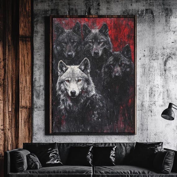 Alpha Wolf Canvas Wall Art Red Black Pack Painting Spiritual Animal Decor Leader Poster Wilderness Office