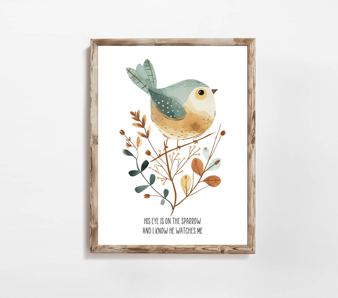 His Eye Is On the Sparrow Bird Hymn Quote Watercolor Wall Art - Image 2