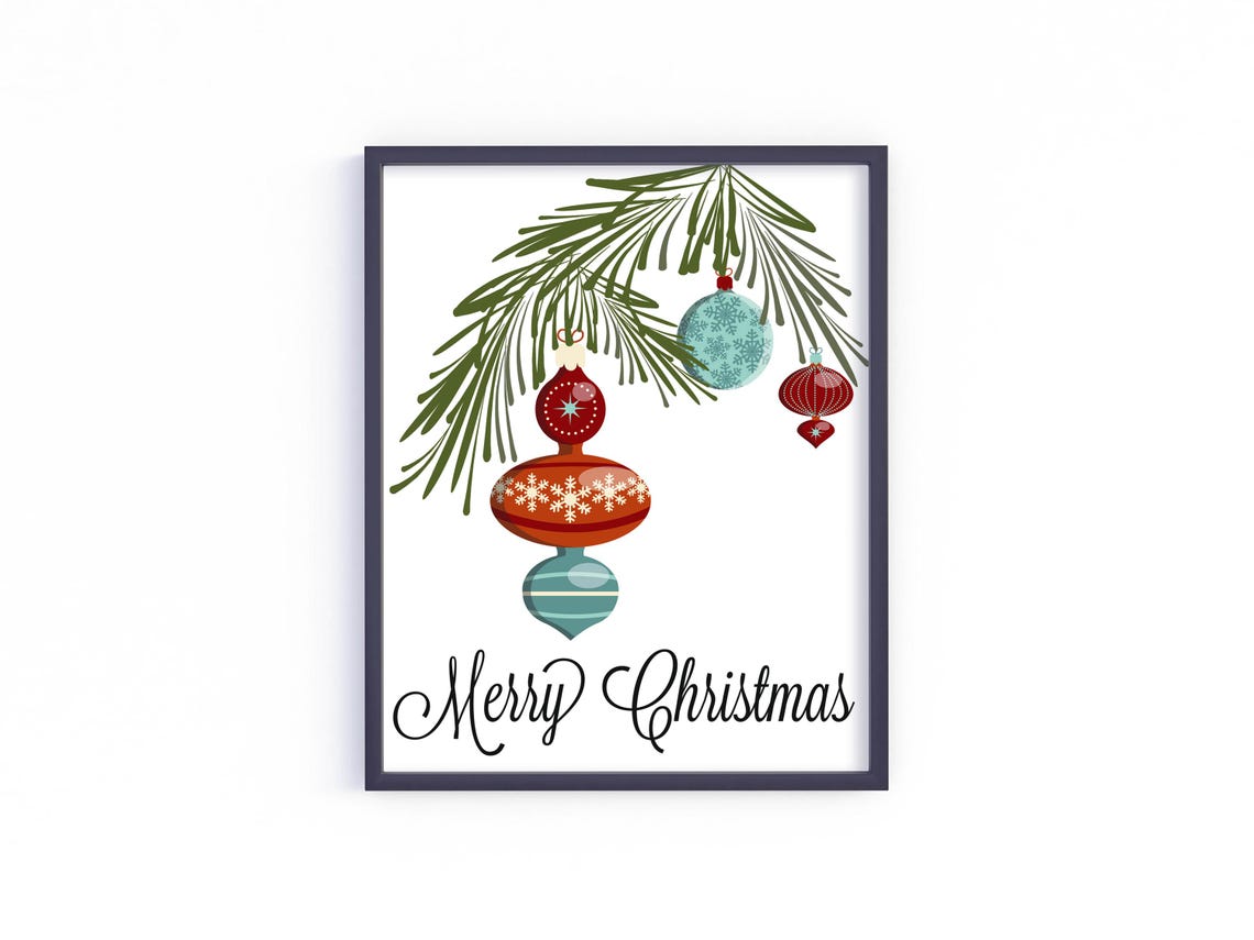 Merry Christmas Vintage Ornaments Hanging From Pine Branch Wall Art - Image 2