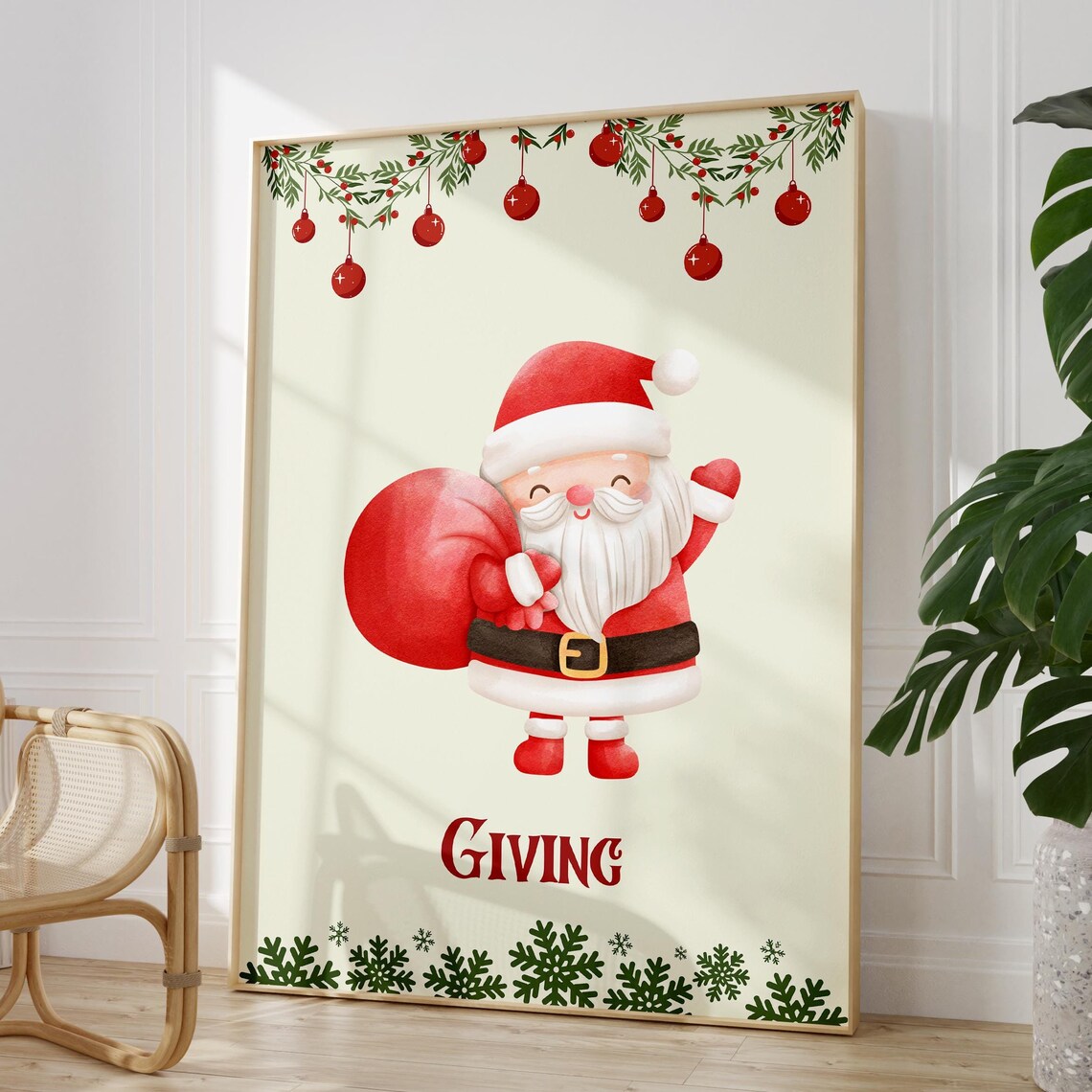 Santa Claus Giving Gift Bag Cute Watercolor Christmas Poster