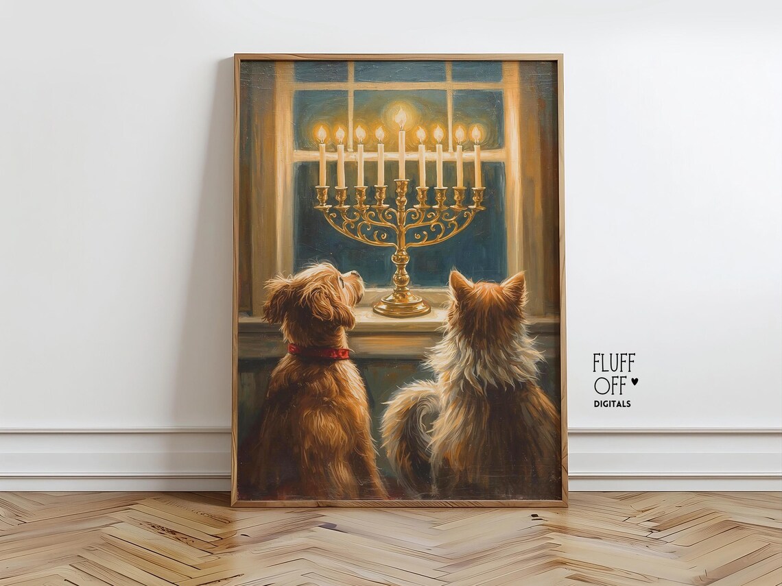 Hanukkah Cat And Dog Scene, Holiday Wall Art Print