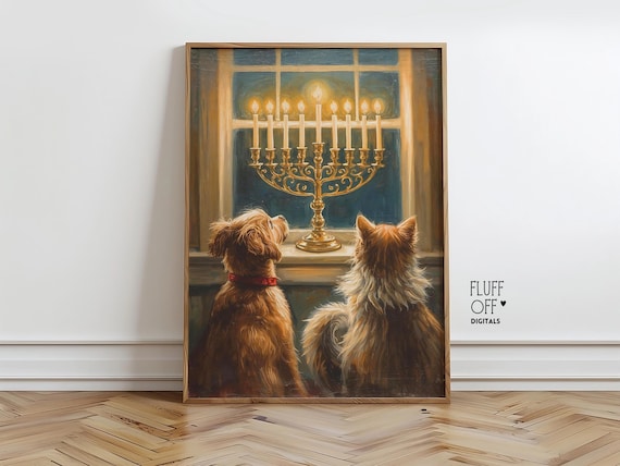 Hanukkah Cat And Dog Scene, Holiday Wall Art Print