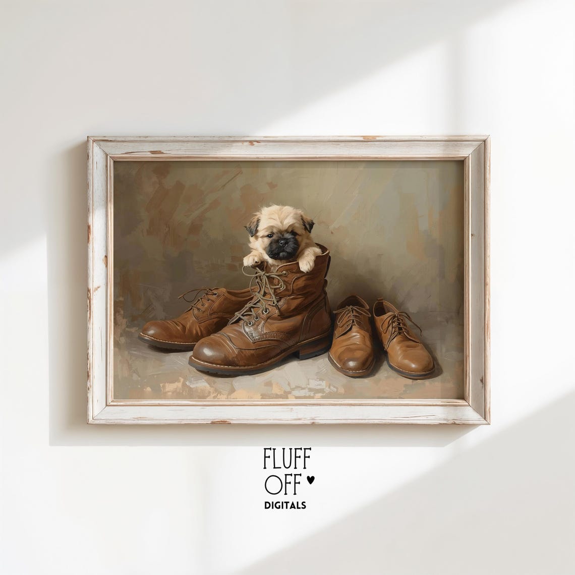 Puppy in Leather Boot Rustic Still Life Vintage Cute Art Poster