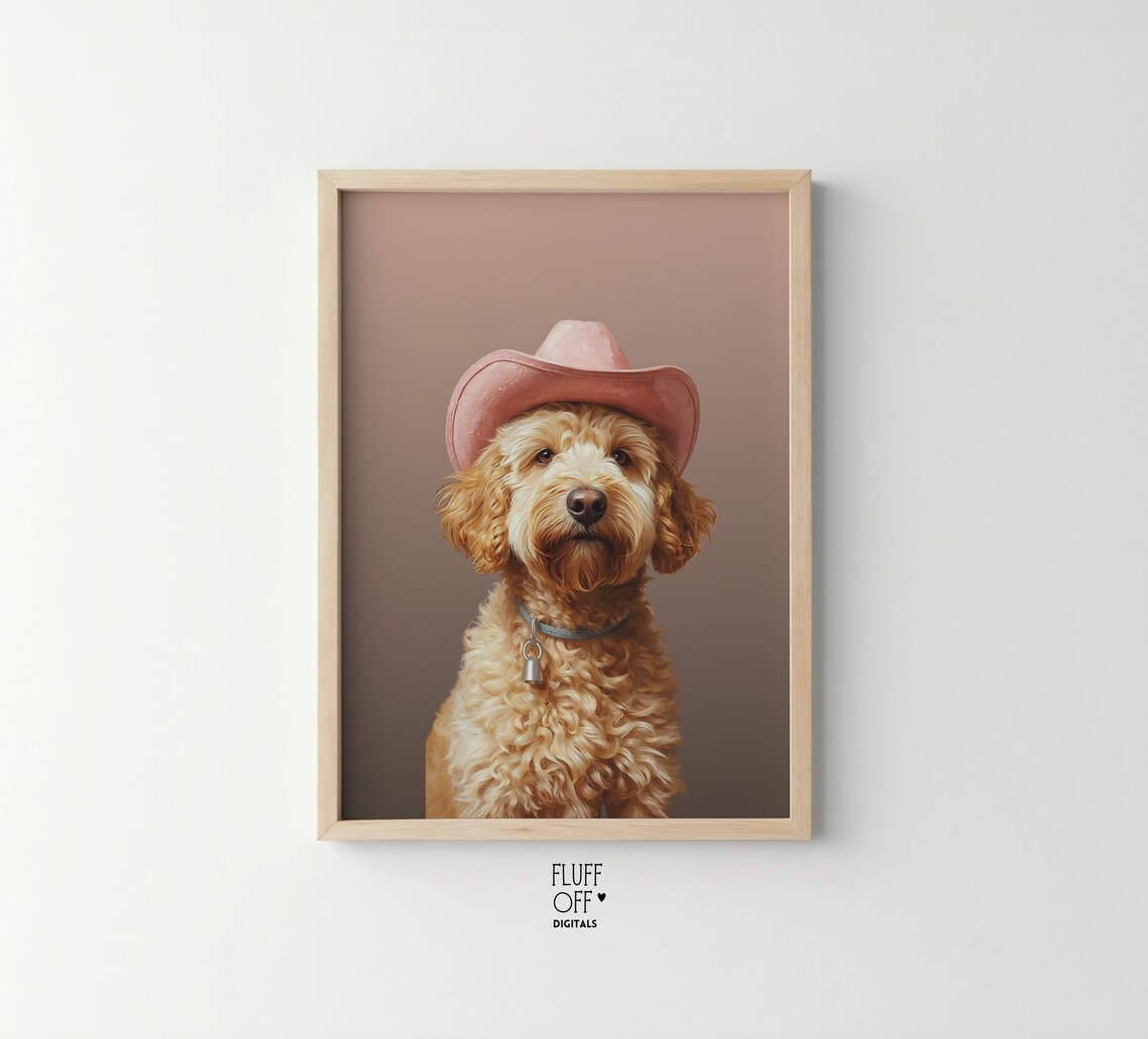 Golden Doodle in Pink Cowboy Hat Art Print