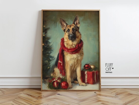 German Shepherd Christmas Portrait, Vintage Holiday Art