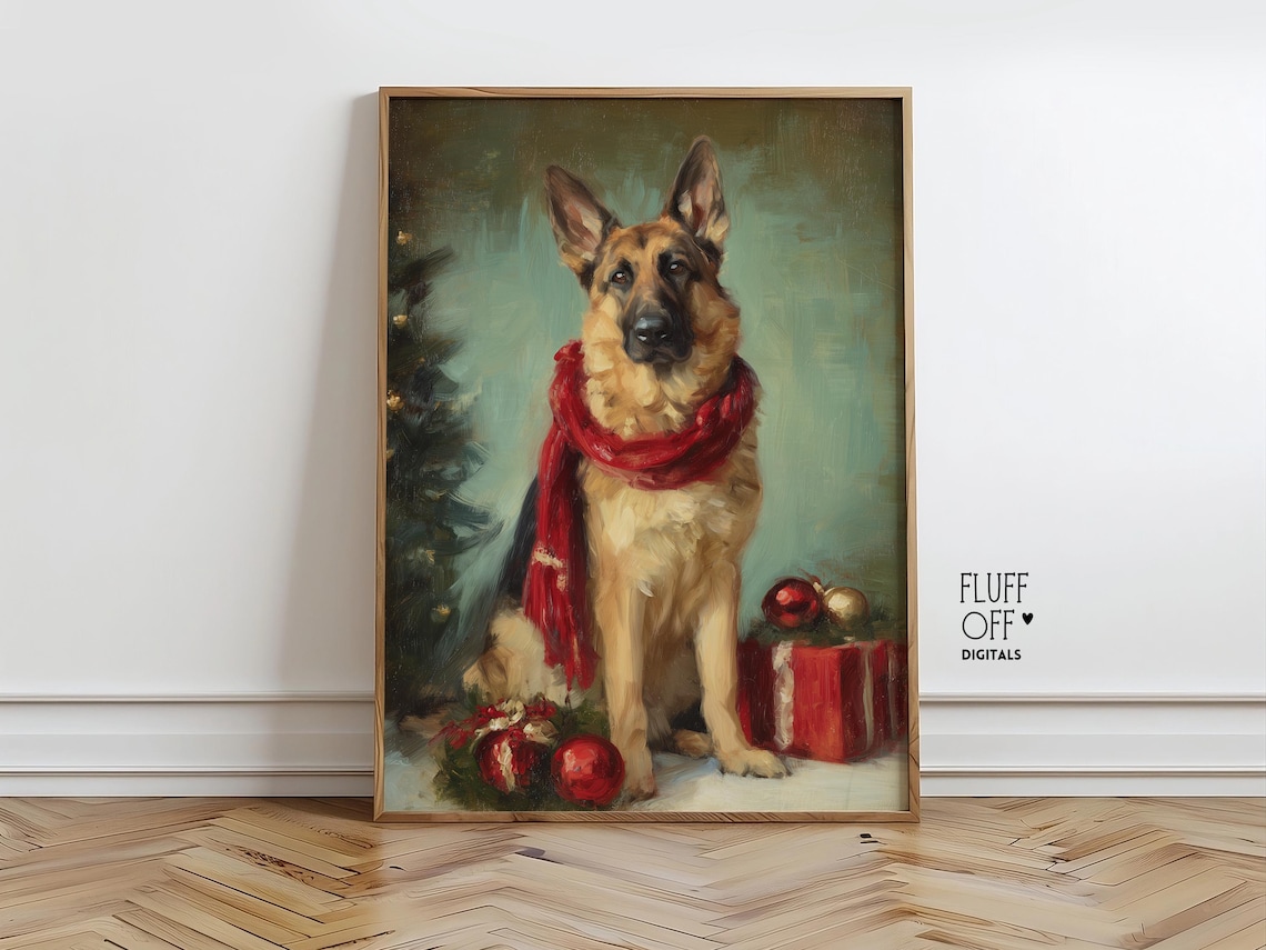 German Shepherd Christmas Portrait, Vintage Holiday Art