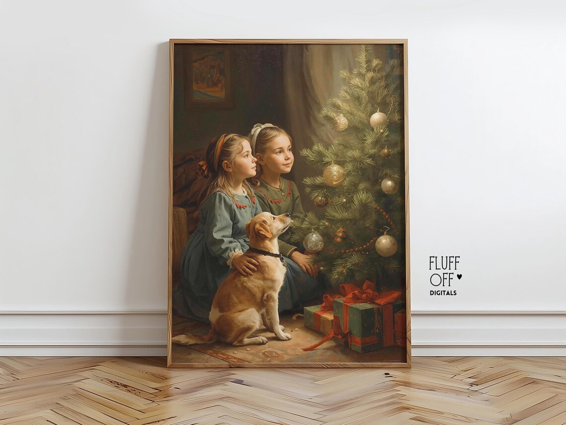 Vintage Christmas Scene With Children, Poster Print