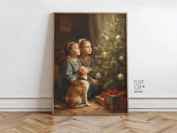 Vintage Christmas Scene With Children, Poster Print